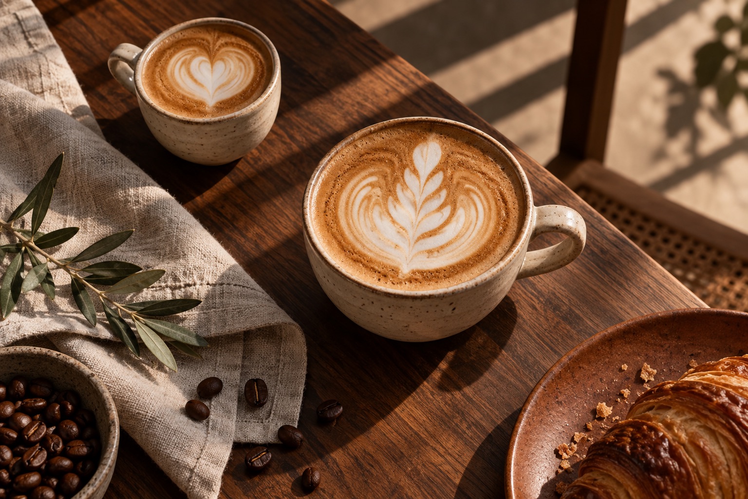 An original still life of ceramic latte cups in warm sunlight
